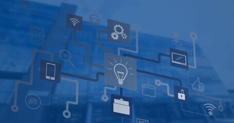 Image of network of digital icons against low angle view of tall buildings