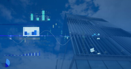 Image of statistical data processing against low angle view of tall buildings