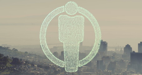 Image of dots forming male restroom icon in circle over aerial view of mountain and city