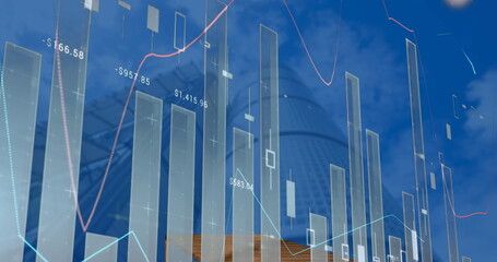 Image of statistical data processing against low angle view of tall buildings
