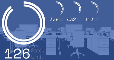 Image of stock market data processing against 3d office model
