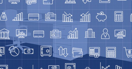 Image of multiple digital icons over grid network against office desk