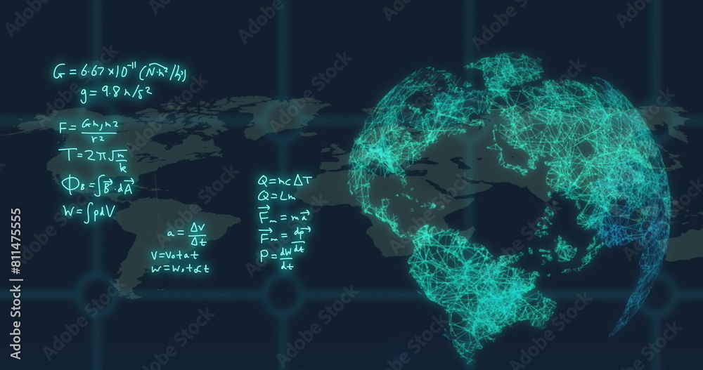 Poster image of mathematical equations and rotating globe over map in background