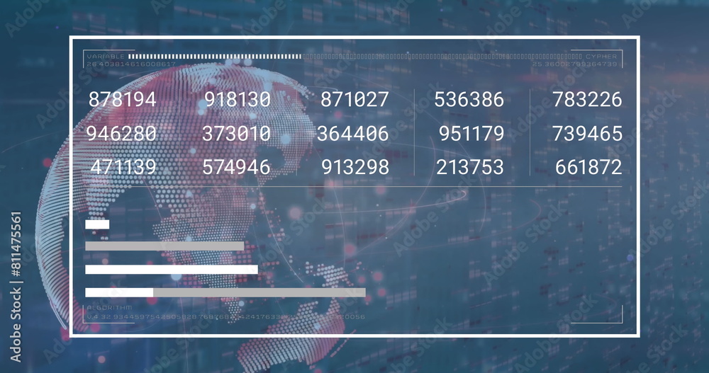 Poster image of changing numbers, graphs, loading bar over bars and rotating globe