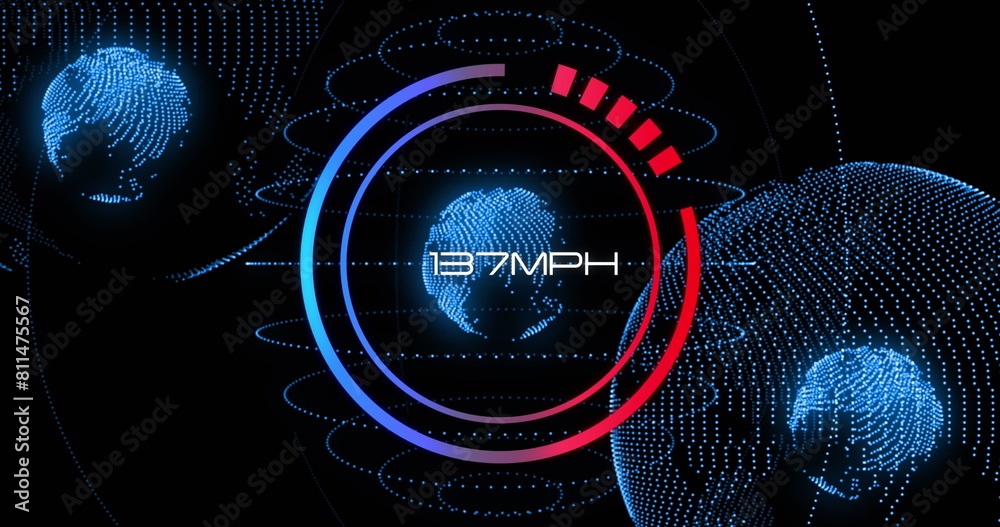 Poster image of changing numbers and globe in loading circles over globes against black background