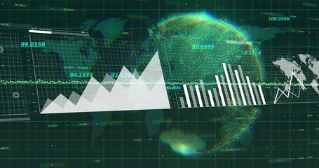 Image of graphs, map, loading bars, globe and map with numbers over black background