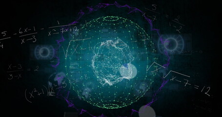 Image of round scanners, mathematical equations and data processing over spinning globe