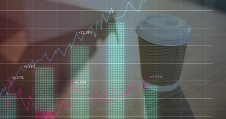 Image of multiple graphs with changing numbers over coffee cup on desk