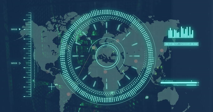 Image of loading circles and bars over changing numbers , graph and map
