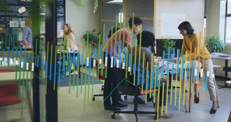 Image of multiple graphs, diverse architects discussing on 3d model of houses in office