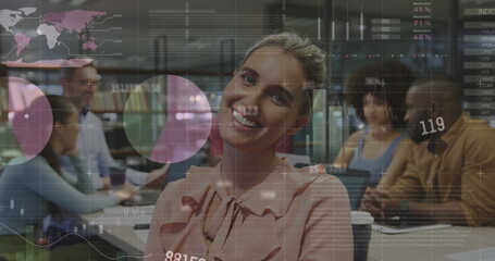 Image of statistical data processing against portrait of caucasian woman smiling at office