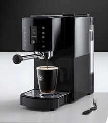 Modern coffee machine with glass cup 
