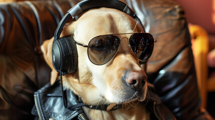 Labrador Retriever wearing headphones