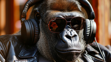 Gorilla wearing headphones