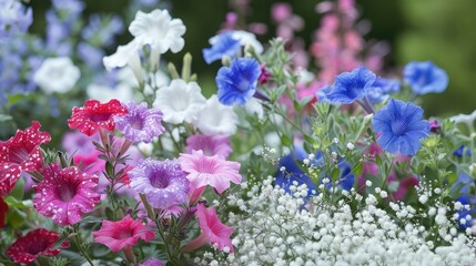 Obraz premium Mixing Supertunia blooms with gypsophila in the garden