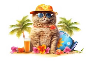 Scottish Cat Ready for Songkran and Summer, Sporting Sunglasses and Summer Attire on White Background
