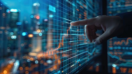 Business Hand Pointing at Screen Report. A hand in a suit gesturing towards a report on a screen