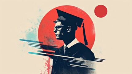 A man in a graduation cap and gown is standing in front of a red circle - Powered by Adobe
