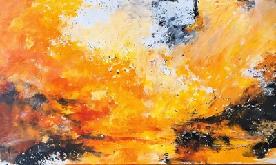 Amber painting with a rough, gritty impressionism, acrylic on paper. Contemporary painting. Modern poster for wall decoration