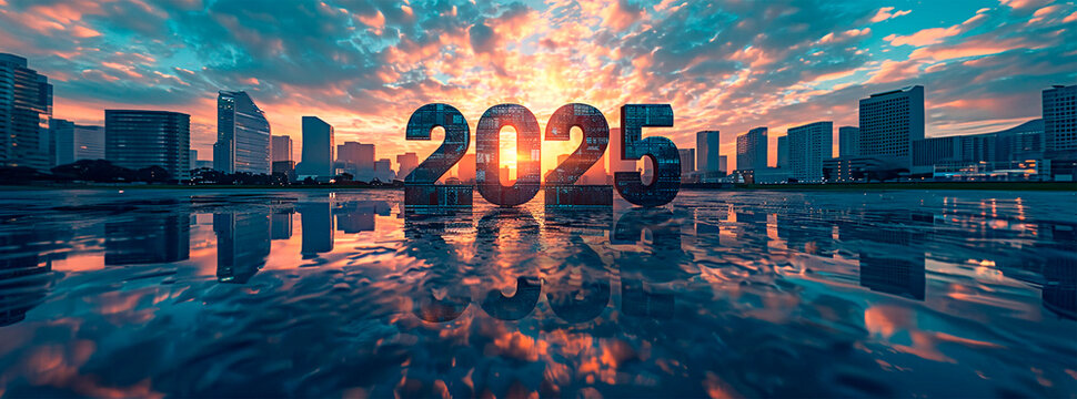"2025" in colorful squares stands out on a city waterfront, mirrored on calm water. Tall buildings flank the scene under a vibrant sunrise or sunset, casting long shadows and enhancing the tranquil am