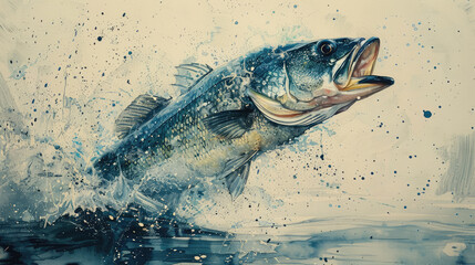 Painting of a large mouth bass jumping out of the water. Suitable for fishing blogs, outdoor magazines, and wildlife posters.