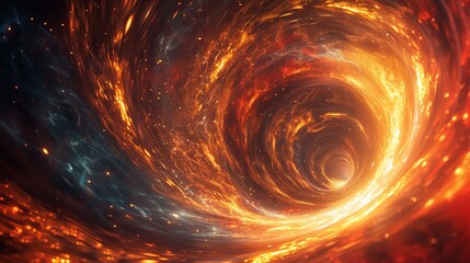 A mesmerizing abstract image depicting an intense fiery vortex, alive with swirling bright light and glowing particles that suggest dynamic motion and energy
