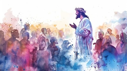 Graceful watercolor illustration of Jesus blessing a crowd