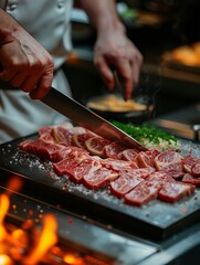 A chef preparing Wagyu beef in a restaurant. There is an open flame for grilling. 