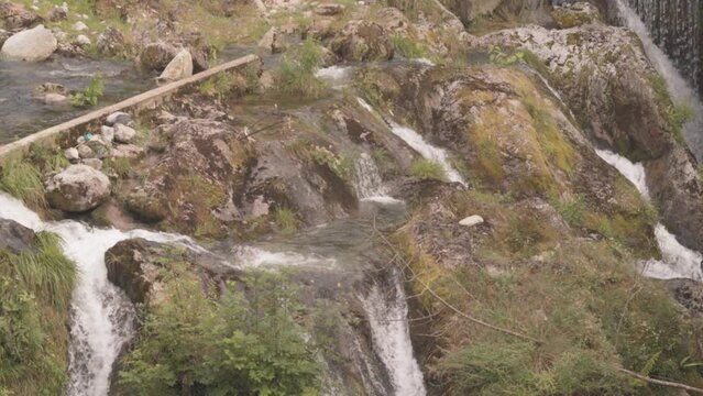 Orrido di Nesso Waterfall Near Village In Como Lake, Lombardy, Italy. High Angle Shot