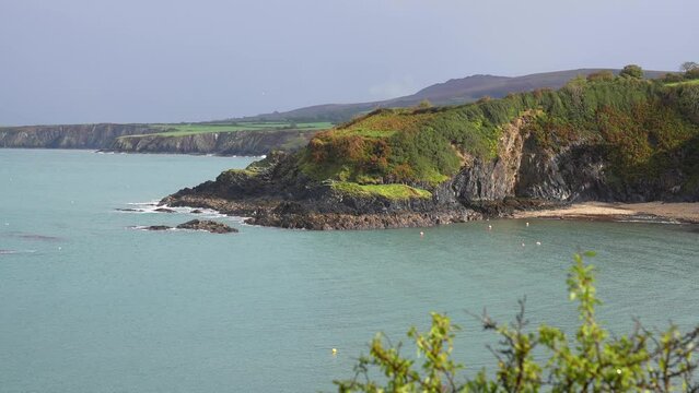 Dinas Island, Wales UK. Scenic Coastline, Cliffs and Beach, Panoramic View