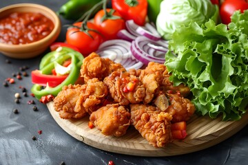Flavorful crispy chicken, cooked to perfection, served warm and very appetizing, with a sliced onions, sliced chilies, sliced peppers, and sliced tomatoes, beautifully presented on wood.