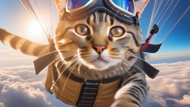 A tabby cat with wide eyes fearlessly takes on the challenge of skydiving.  Wearing goggles and a harness, the feline soars above the clouds, embracing the thrill of adventure. 
