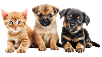 Cute kitten and puppy, cute cat and dog group isolated on transparent background