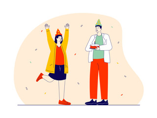 Young boy and girl enjoying birthday. Happiness vector illustration