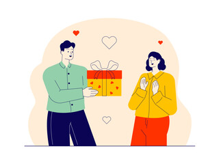 Young man giving surprise gift to his wife. Happiness vector illustration
