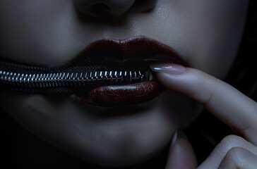 Dramatic Dark Portrait with Zipper Lips
