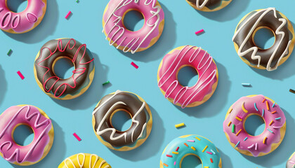 Colorful Donuts Set on Blue Background