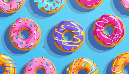 Colorful Donuts Set on Blue Background