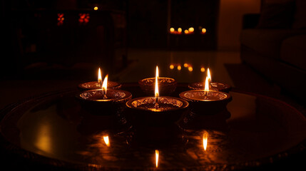 Decorative Diwali Diyas on Dark Background