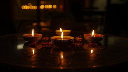 Decorative Diwali Diyas on Dark Background