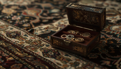 Antique Jewelry Box with Rings on Persian Rug