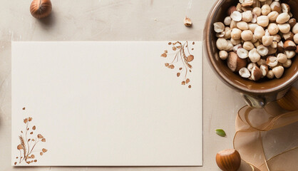 Empty Greeting Card with Hazelnuts on Marble Surface