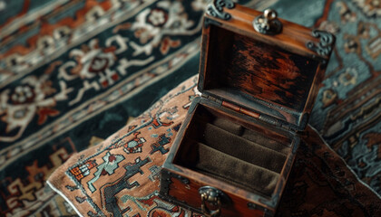 Ornate Wooden Treasure Chest on Detailed Rug