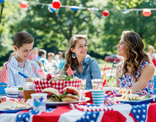 Family enjoying a picnic in a park, mother and daughter smiling and a boy cutting a cake. 4th of July, american independence day, happy independence day of america , memorial day concept