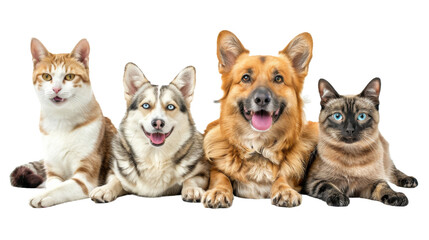Group of cat and dog isolated on transparent background