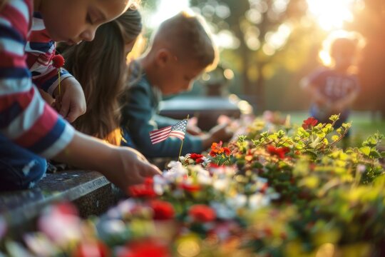 Children, Caucasian And Hispanic, Decorating A Memorial With Flowers And American Flags At Sunset. 4th Of July, American Independence Day, Happy Independence Day Of America , Memorial Day Concept