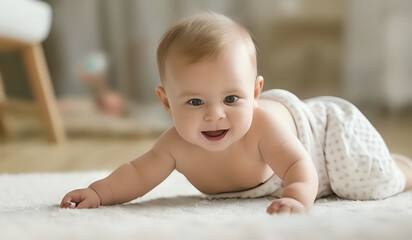 portrait of a baby lying on his stomach and smiling sweetly
