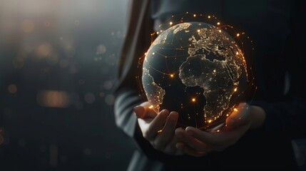A businesswoman holds the Earth with glowing connections between global communication technology, while her hands form an elegant gesture in front of it.
