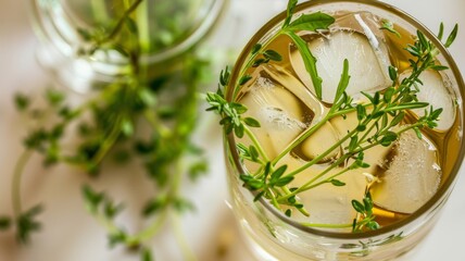 Elegant cocktail garnished with fresh herbs, super realistic