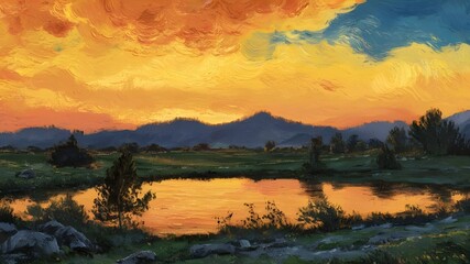 Fototapeta premium A painting of a mountain range and a lake with a sunset in the background.